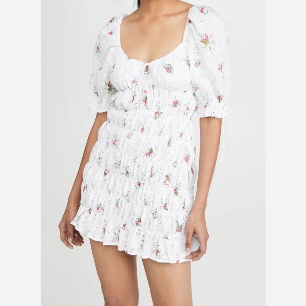 For Love and Lemons White Floral Puff Sleeve Mini Dress